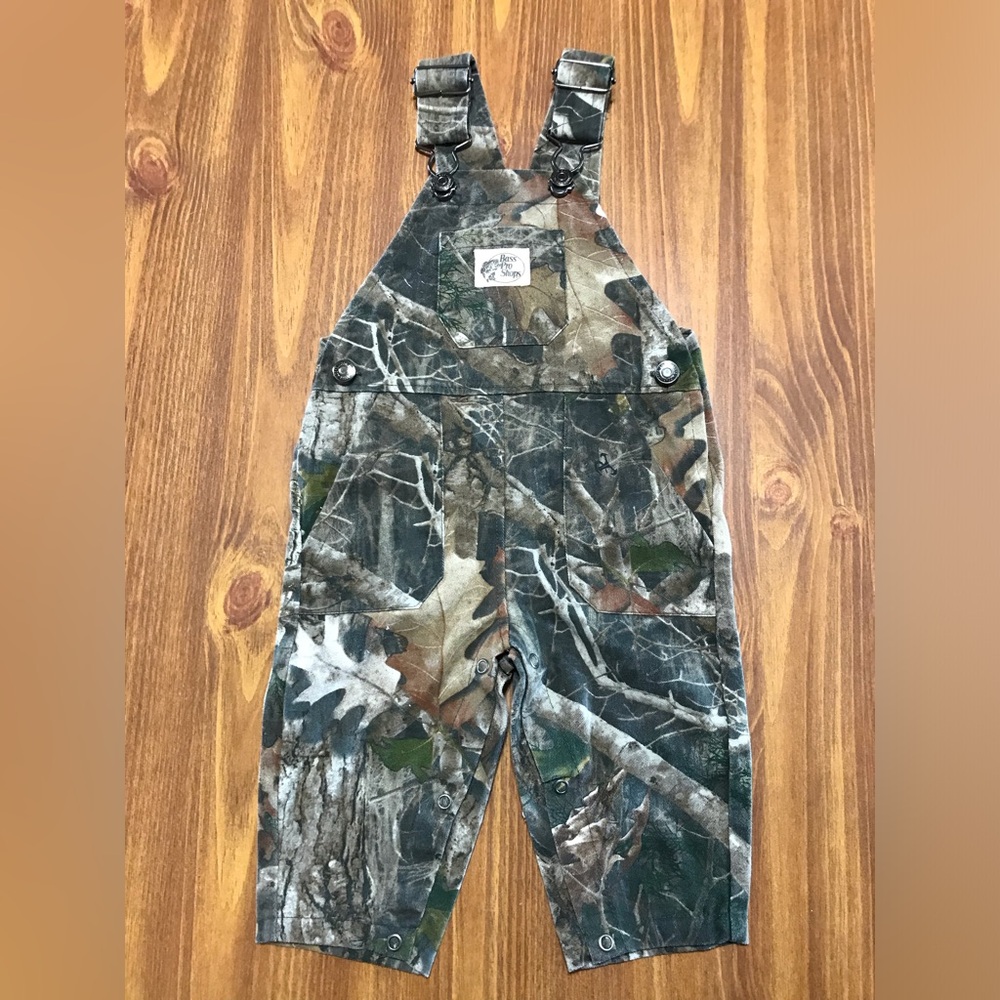 Bass Pro Shops 6M Baby Overalls Camouflage Green Brown Fishing Hunting Pockets